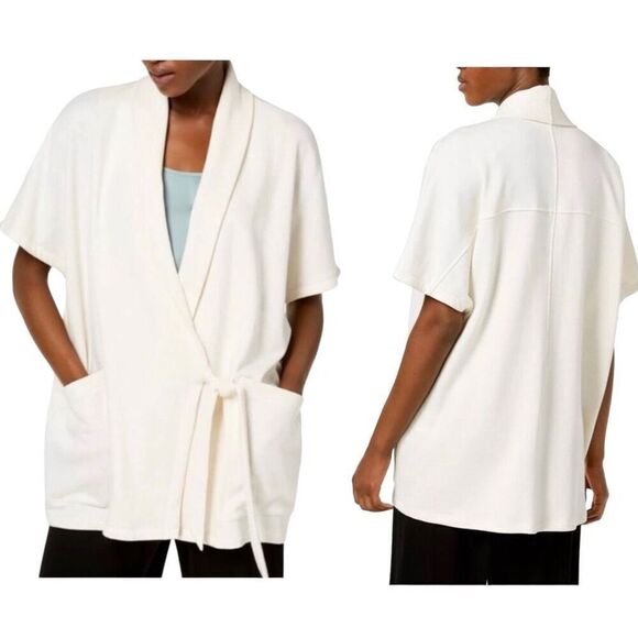Eileen Fisher Ecru Oversized Cotton Terry Side Tie Kimono Wrap Jacket Large - Picture 2 of 15